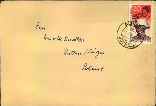 1958, Fernbrief mit 20 Pfg. ""Pappchinese"" ab ""GLINDOW über POTSDAM""