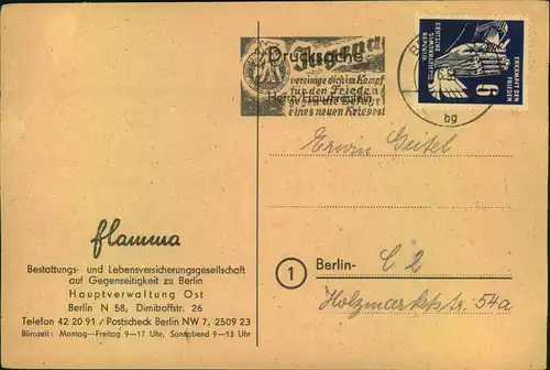 1951, Drucksachenkarte frankiert mit 6 Pfg. Frieden Propagandastempel ""Jugend vereinige dichÂ…"" Berlin.