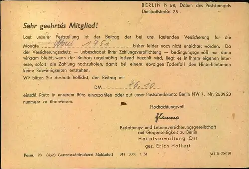 1951, Drucksachenkarte frankiert mit 6 Pfg. Frieden Propagandastempel ""Jugend vereinige dichÂ…"" Berlin.
