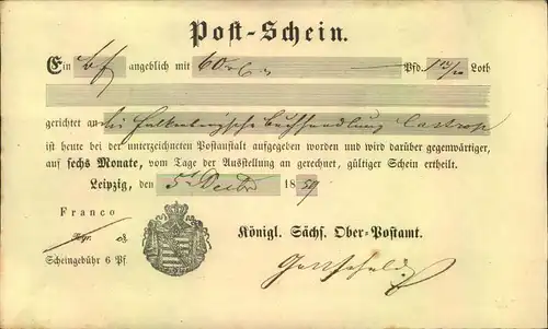 1859, Ortsdruck-Postschein ""Königl. Sächs. Ober-Postamt LEIPZIG