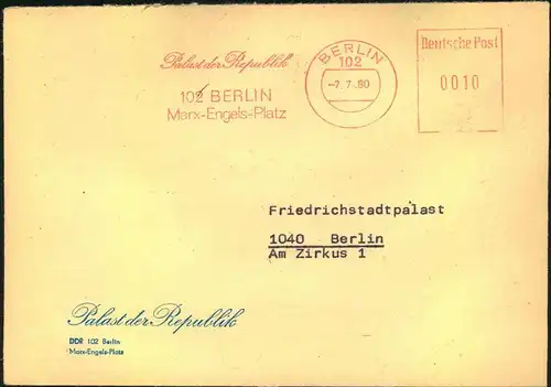 1980, Vordruckumschlag ""Palast der Reüublik"" mit entsprechendem Absenderfreistempel BERLIN 102 an den Friedrichstadtpa