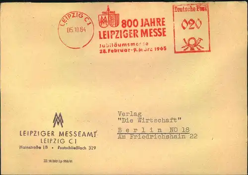 1964, Vordruckumschlag ""Leipziger Messeamt"" mit Absenderfreistempel ""800 Jahre Leipziger Messe""