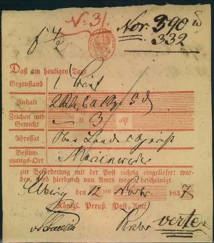 1837, Postschein von ELBING für einen Brief nach Marienwerder.