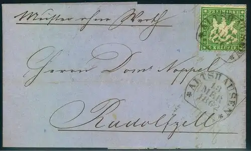 1862, Muster ohne Wert mit 6 Kreuzer grünolivWappen gezähnt mit Steigbügelstempel ALTSHAUSEN nach Rudolfszell. Zähnung d