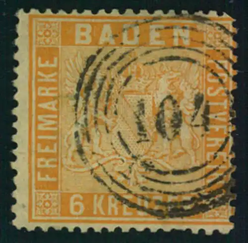 1860, 6 Kreuzer lachsrot mit Nummernstempel ""104"", OFENBURG