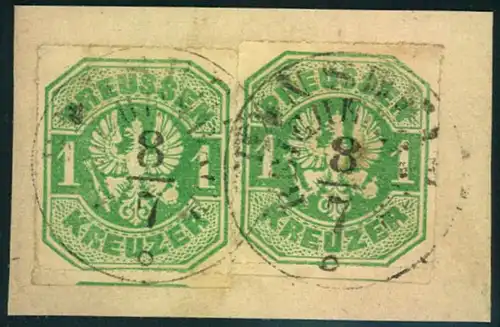 1867, 1 Kreuzer Wappen im waagerechten Paar sauber gestempelt auf Briefstück.