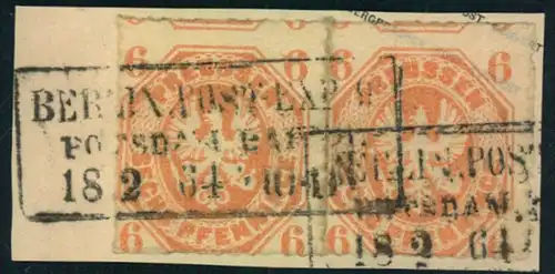 1861, 6 Pfg. waagerechtes Paar auf Briefstück entwertet mit Ra3 BERLIN POST-EXP. 9 / POTSDAMER BHF.