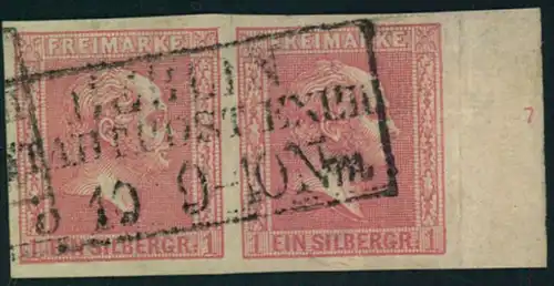 1858, 1 Sgr. Geitterter Grund im waagerechten Paar mit Randziffer ""7"", gestempelt ""BERLIN STADTPOST EXP. Vii:
