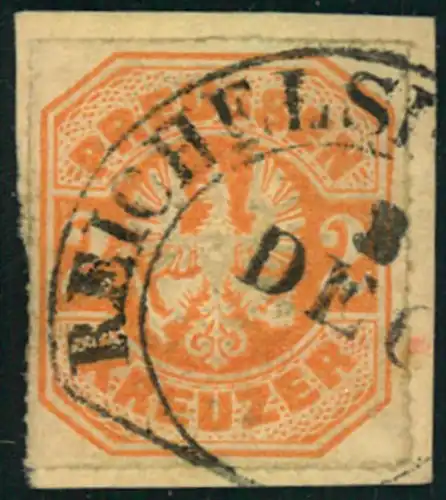 1867, kleines Briefstück mit 2 Kreuzer durchstochen mit seltenem Thurn und Taxis Segmentstempel REICHELSHEIM NASSAU.