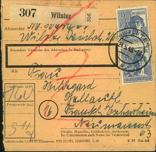 1948, Paketkartenstammteil mit senkrechtem Paar 80 Pfg. Arbeiter ab WILSTER.