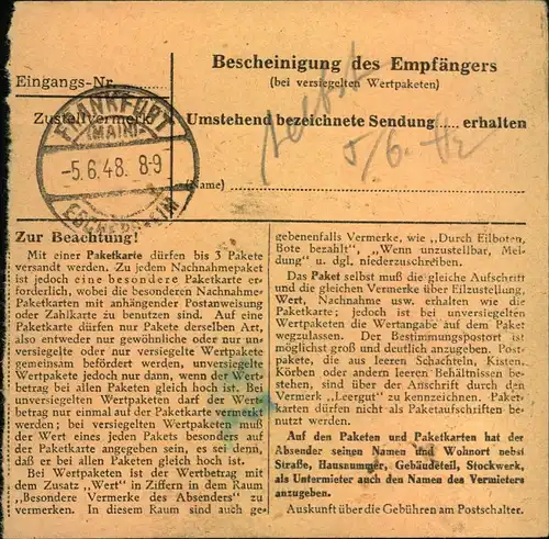 1948, Paketkartenstammteil mit senkrechtem Paar 80 Pfg. Arbeiter ab WILSTER.