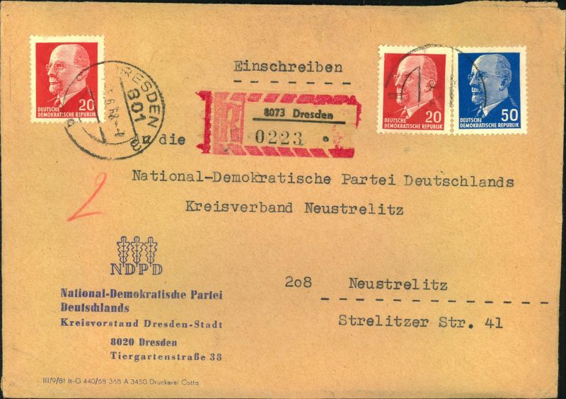 1968 Einschreiben Mit Absender National Demokratische Partei Deutschlands Ndpd Dresden An Den Kreisverband Neustrel Nr 563137152 Oldthing