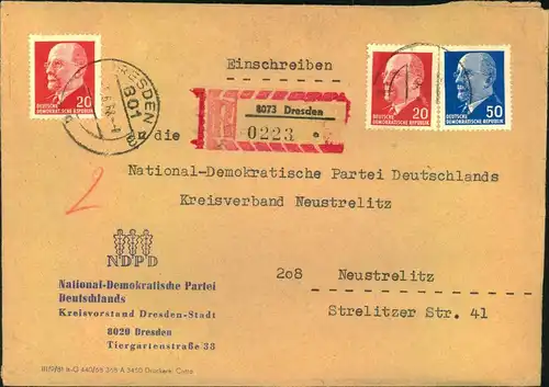 1968, Einschreiben mit Absender ""National Demokratische Partei Deutschlands"" NDPD Dresden an den Kreisverband Neustrel