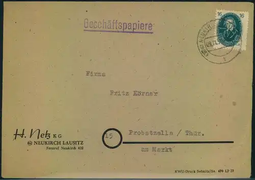 1950, Geschäftspapiere mit 16 Pfg. Akademie von (10a) NEUKIRCH (LAUSITZ) nach Probstzella.