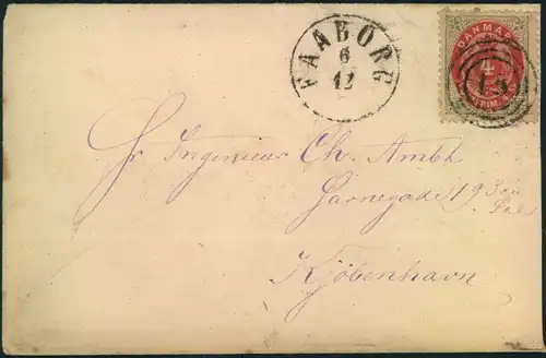 1870, letter with 4 Öre arms with ring cancellation ""13"" and AARHUS cds.