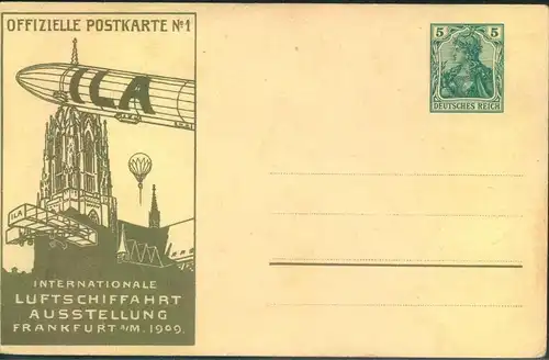 1909, offizielle Postkarte der ILA, rückseitige Abbildung ""Mann mit Megaphon im Ballon"". Sauber ungebraucht.