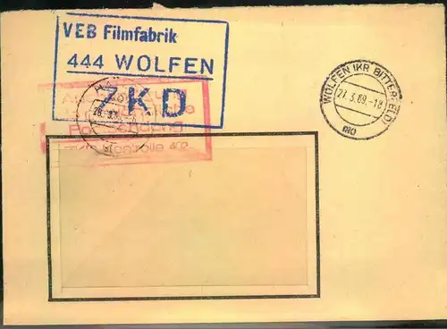 1969, ZKD-Brief aus WOLFEN, Absender "VEB Filmfabrik" mit rotem "Aushändigung als gewöhnliche Postsendung"