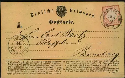 1872, Postkarte mit 1/2 Groschen kleiner Brustschild ab INOWRACLAW nach Bromberg.