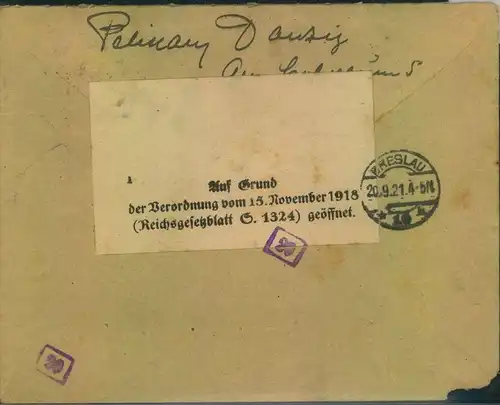 1921, Einschreiben ab DANZIG 5 mit Mehrfachfrakatur. Rückseitig ""Auf Grund der VerordnungÂ…geöffnet"". Umschlag Eckfehl