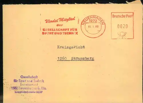 1983, Brief mit Absenderfreistempel ""Werde Miglied in der Gesellsachft für Sport und Technik"" - NEUENHAGEN