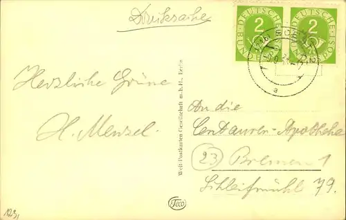 1953, 2 Pfg. Posthorn im waagerechten Paar auf Druckschenkarte ab (21b) SOEST 2