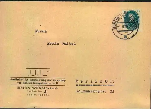 1950, Ortsbrief mit 16 Pfg. Akademie ab BERLIN-WILHELMSRUH 1.8.50.
