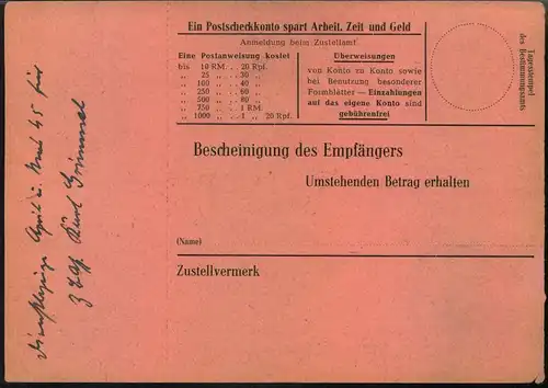 1945, nicht mehr ausgezahlte Postanweisung ab GLATZ 1 - 19.4.45 mit Portofreiheitsstempel "" Frei durch Ablösung Reich -