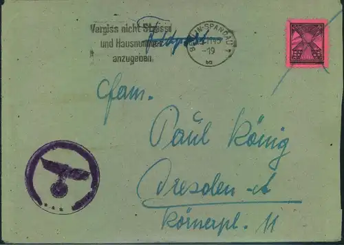 1945, 12 Pfg. Freimarke auf wieder verwendetem Feldpostbroef ab ""BERLIN-SPANDAU 1 bb 13.11.45"" nach Dresden. Verbotene