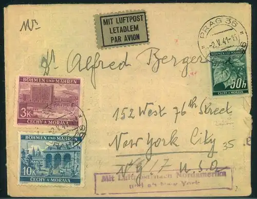 1941, kleiner Luftpostbrief ab PRAG NACH New York City mit blauem Ra2 ""Mit Lufpost nach Nordamerika und ab New York"".