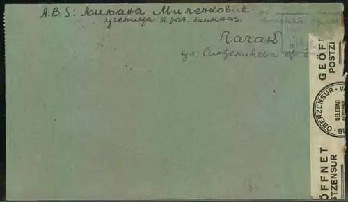 1943, Brief aus HAHAK - ?A?AK mit Vignette und Zensurstempel ""143/K"" und Streifen ""Oberzensur Belgrad""