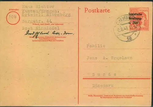 1948, 30 Pfg. AS mit Masch.-Aufdruck, Postkarte ohne PLZ-Kreis auf der Anschriftenseite ab CHEMNITZ 16 - 2.8.48 nach Dän