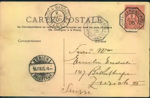 1905, ppc from DAKAR franked with 10 C. ""Semeuse"" showing two ship postmark ""BORDEAUX A BUENOS AYRES 1 JUL 05 LJ No.