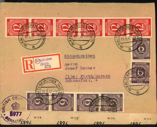 1947, 6 Pfg grauviolett 6-mal zusammenmit 6-er streifen 12 Pfg. auf Einschreiben-Doppelbrief ab KALTENKIRCHEN (Holstein)