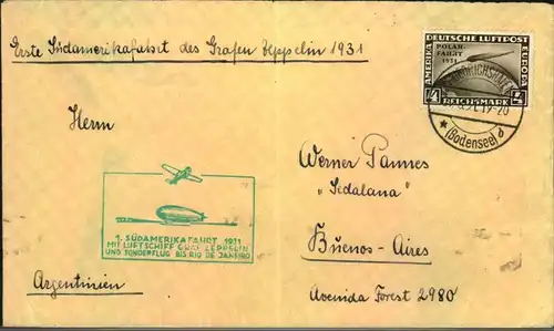 1931, 4 RM Polarfahrt auf Zeppelinumschlag zur ersten Südamerikafahrt 1931 adressiert nach Buenos Aires. Transit- und An