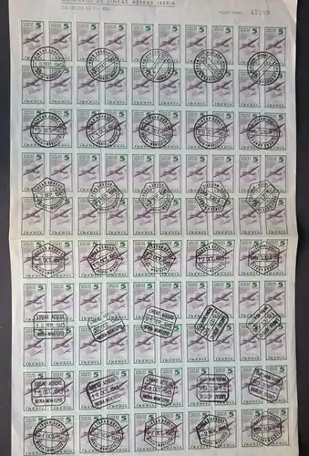 1945, LINEAS AERAS IBERIA, 5 P. complete sheet of 100 with 3 different cancellations
