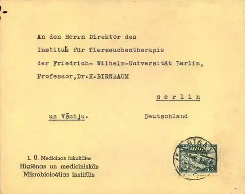 Envelope from the microbiologist istitue in RIGA to Fr. Wilhem University in Berlin