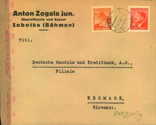 1942, Brief ab SOBOTKA (Böhmen) zum Europaporto nach Kesmark, Slowakei