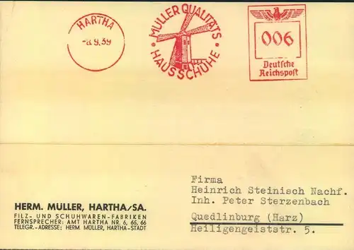 1939, HARTHA Firmenkarte mit Absenderfreistempel, interessanter Text, Reklame, Windmühle