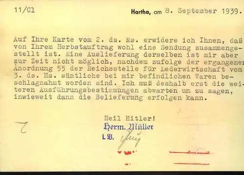 1939, HARTHA Firmenkarte mit Absenderfreistempel, interessanter Text, Reklame, Windmühle