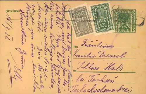 1922, Postkarte im Sondertarif in die CSR