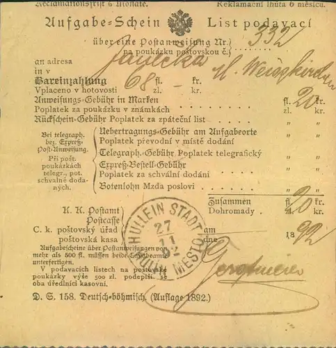 1892, Postschein Hullein, Böhmen