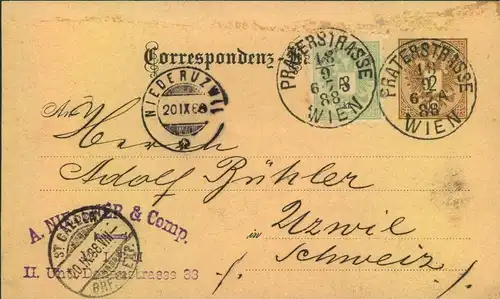 1888, 2 Kreuzer Ganzschenkarte mit 3 Kreuzer bildgleicher Zusatzfrankatur ab WIEN