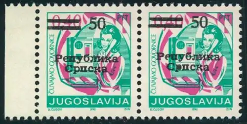 1992, BOSNIEN-HERCEGOVINA-SERBIAN REPUBLIC-Republika Srpska: 50 on 0,40 D perforated 12 1/2 unmounted mint pair