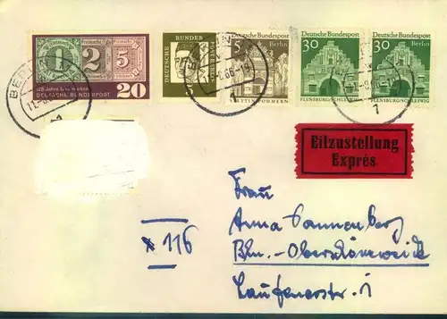 1966, POSTKRIEG: Eilbrief mit weiß übermalter Vertriebenenmarke