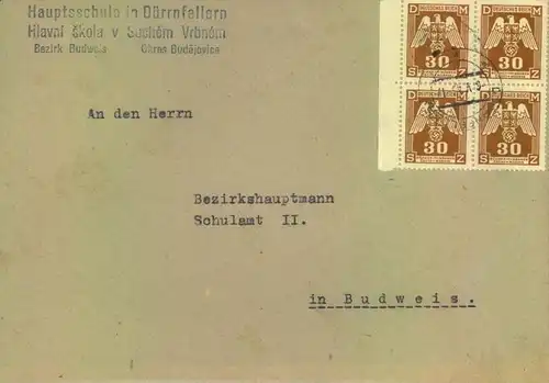 1944, Dienstbrief mit Viererblock 30 H ab Dürnfellern