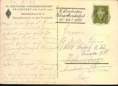 1932, DEUTSCHES SÄNGERBUNDESFEST official card with special posmark