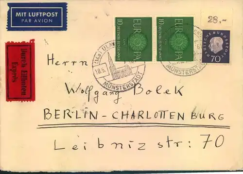 1961, Luftpost-Eilbrief mit 70 Pfg. Heuss III und 2-mal CEPT (Mi-Nr. 305 WOR,337 (2)) in Berlin per Rohrpost