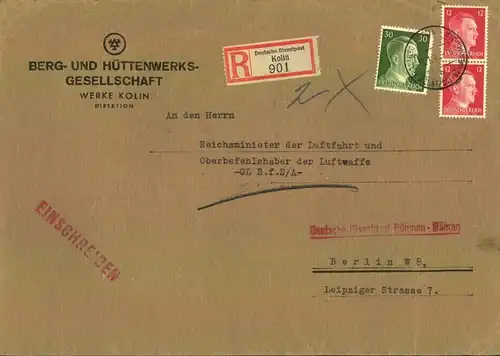 1942, Brief an "Reichminister der Luftfahrt (H. Göring) mit R-Zettel "Dt. Dienstpost Köln aber Stempel DDP Böhmen/Mähren