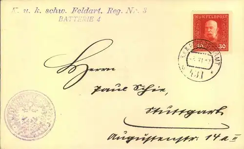 1917, frankierter Feldpostbrief "K.u.K. FELDPOSTAMT 431" nach Stuttgart