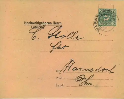 1909, Privater Drucksachenumschlag Merkur gebraucht ab WARNSROF